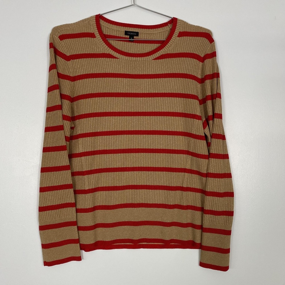Talbots Sweater Womens XL Tan Red Striped Metallic Ribbed Long Sleeve Pullover